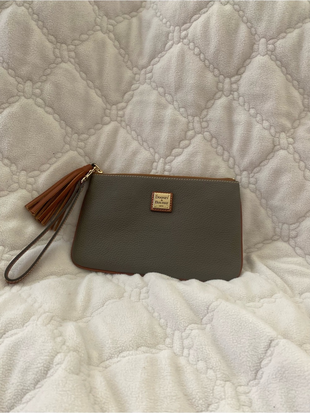 Dooney & Bourke Olive Green Leather Wristlet with Brown Tassel